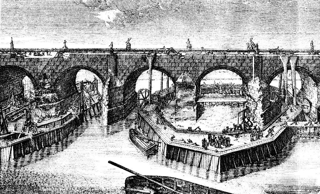 Mostní pilíře se obestavěli náspy, aby se dělníci mohli dostat suchou nohou k základům stavby