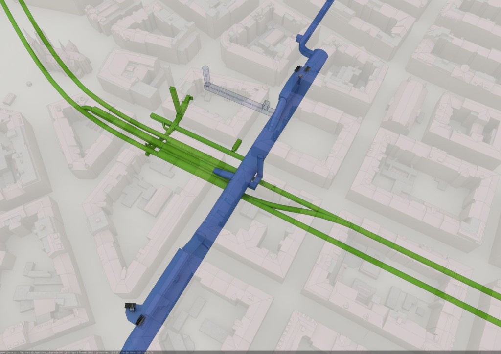 Předpokládané křížení zelené trasy A a nové trasy D na Náměstí Míru - - Vizualizace Metroprojekt