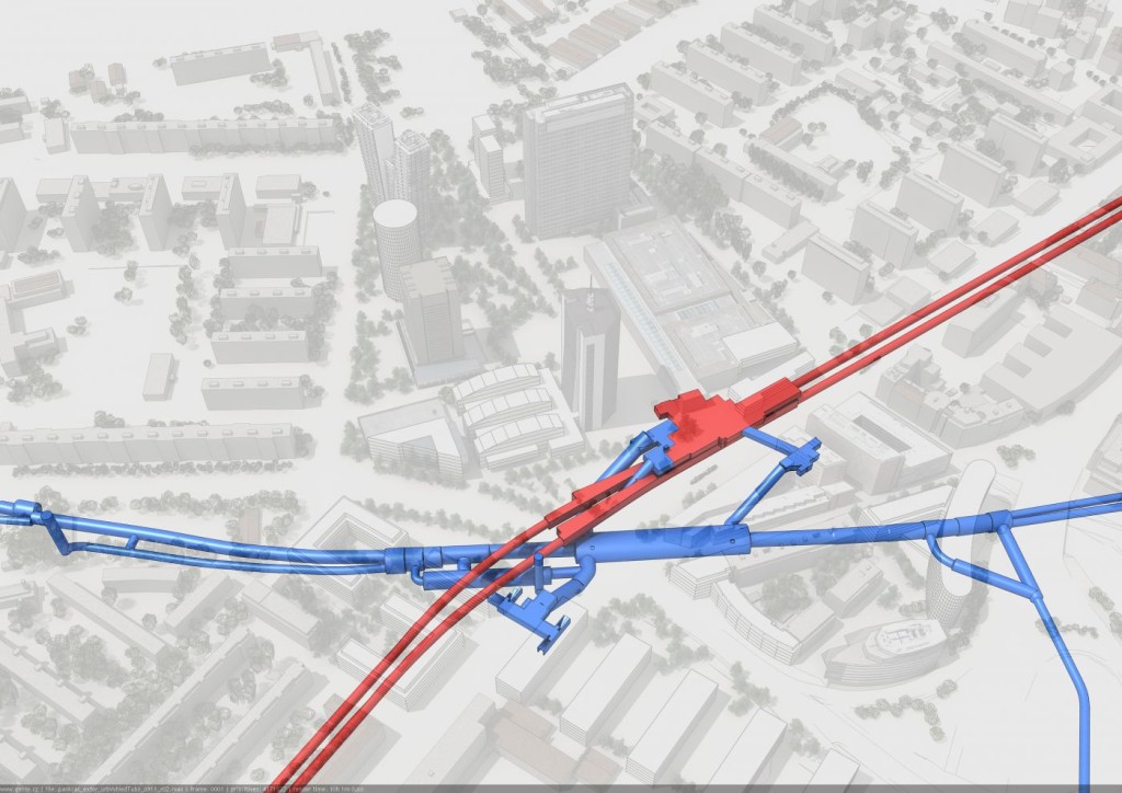 Předpokládané křížení červené trasy C a modré trasy D na Pankráci - Vizualizace Metroprojekt