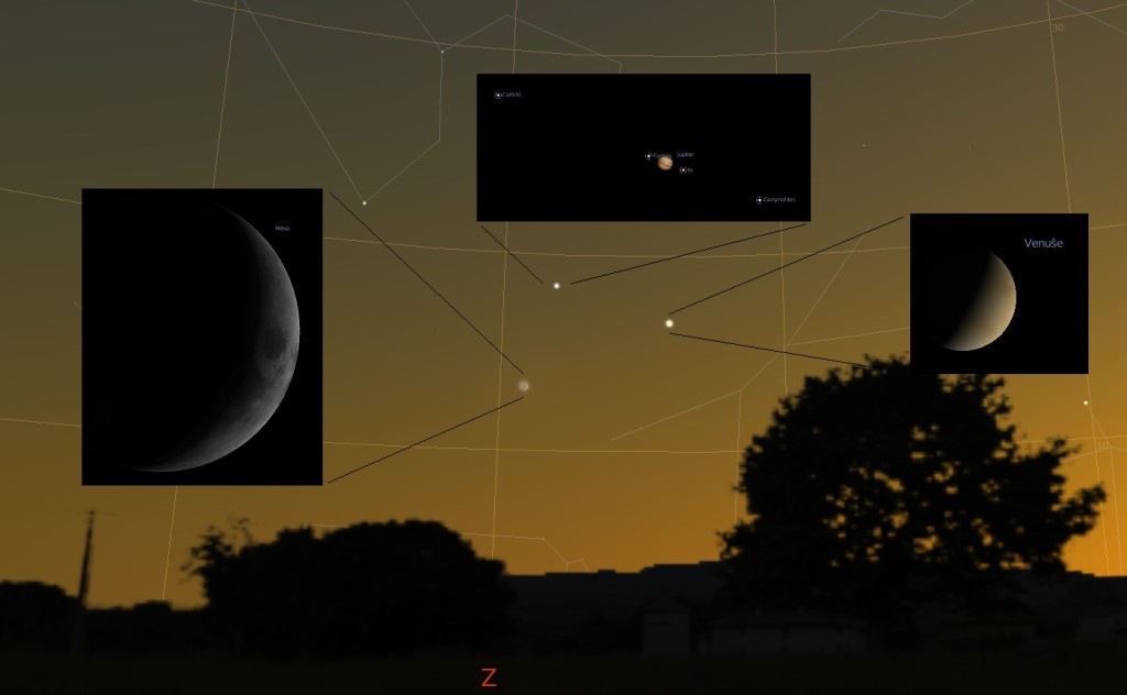 Konjunkce Jupiteru, Venuše a Měsíce 20. června 2015. Autor: Stellarium, Karel Halíř.