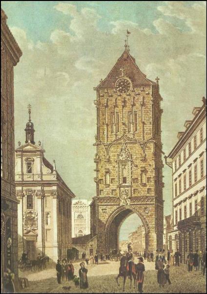 Prašná brána před regotizací v roce 1850 s ještě stojícím kostelem svatého Ambrože v místech dnešního Obecního domu
