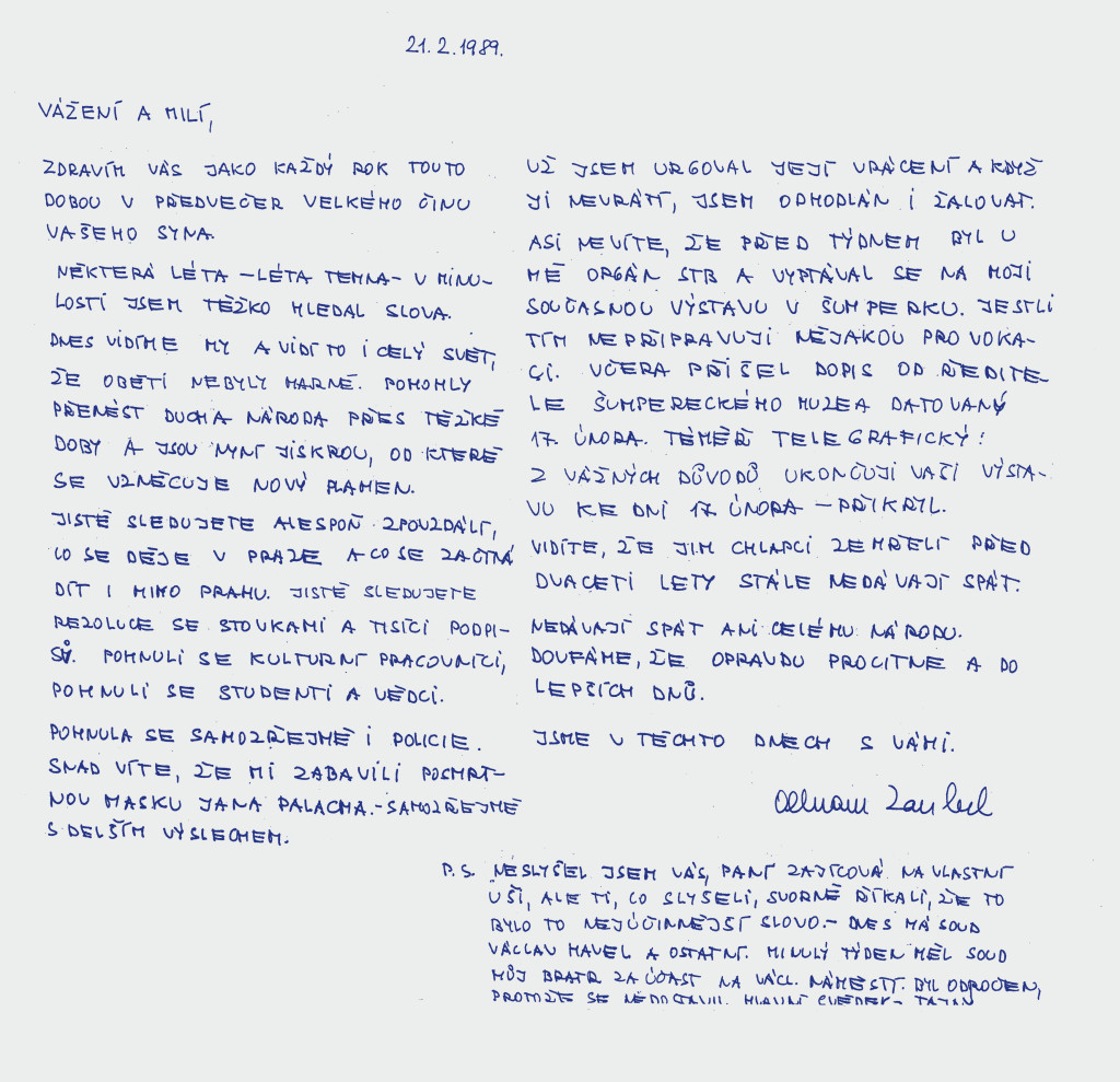 Dopis Olbrama Zoubka rodině Jana zajíce, 21. února 1989